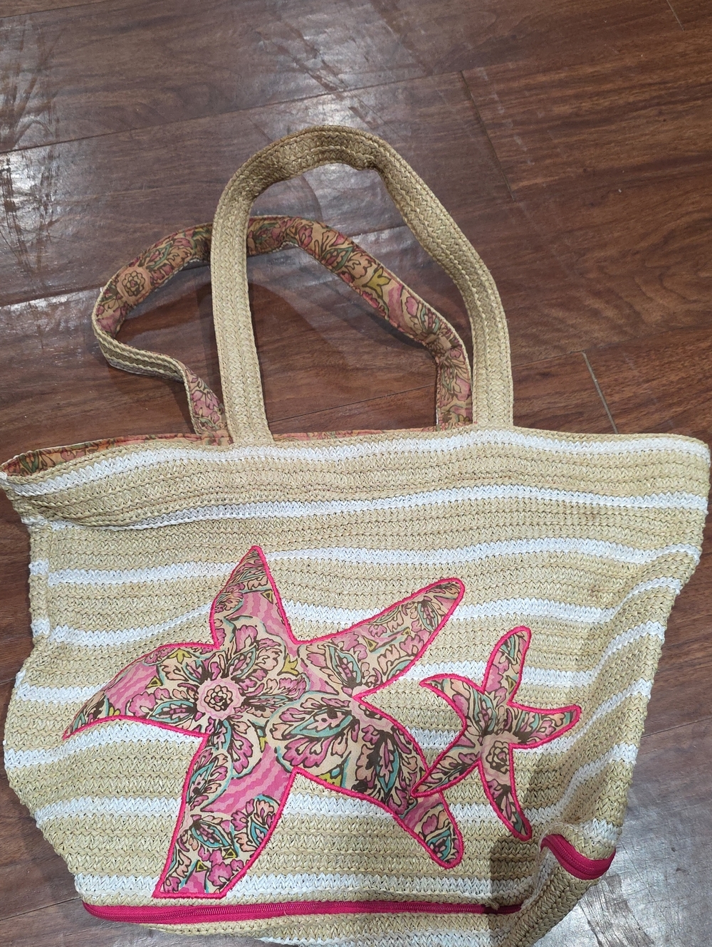 Vera Bradley Straw Tote with Pink Floral Starfish Appliqué